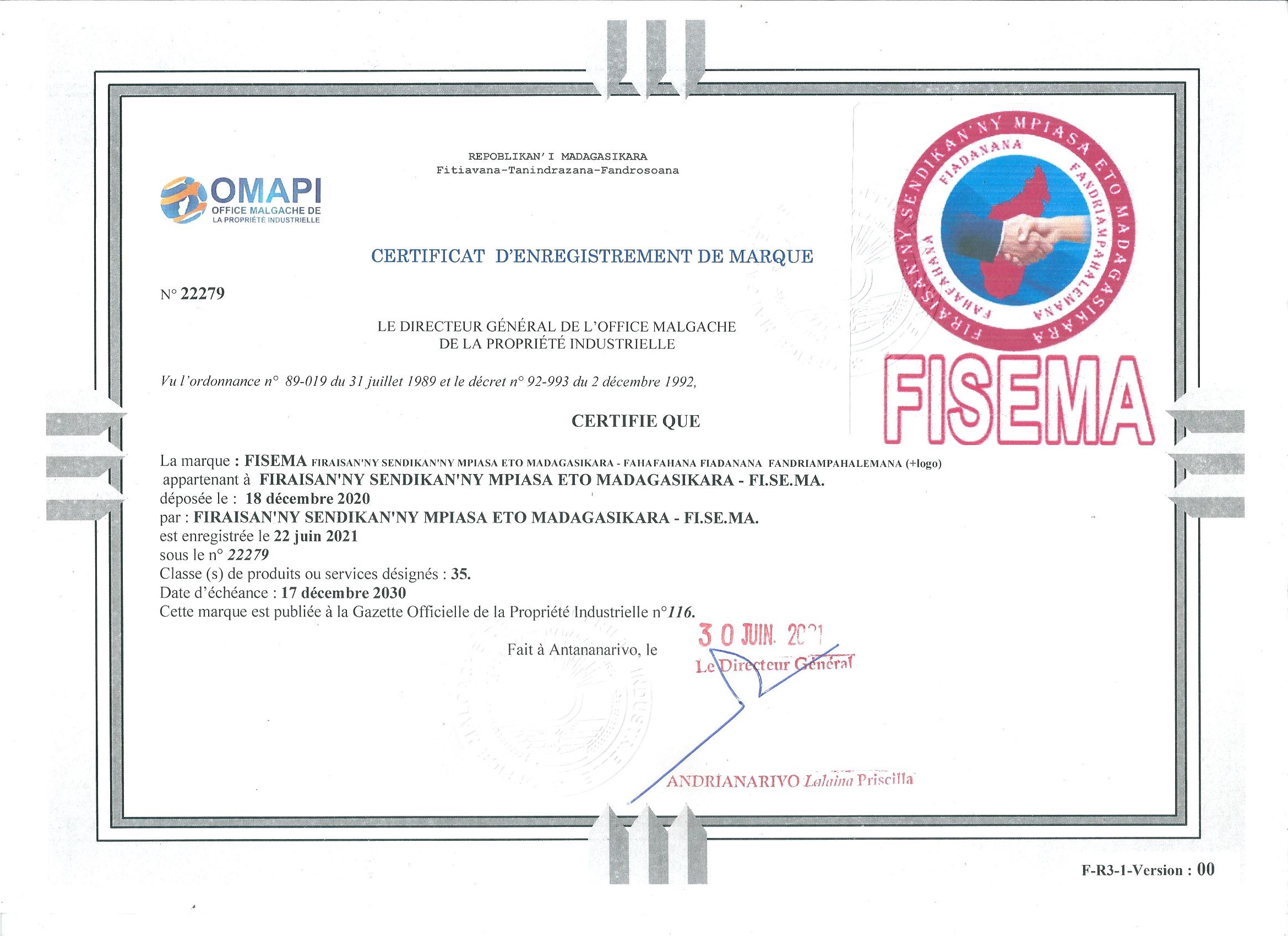 Certificat OMAPI FI.SE.MA.
